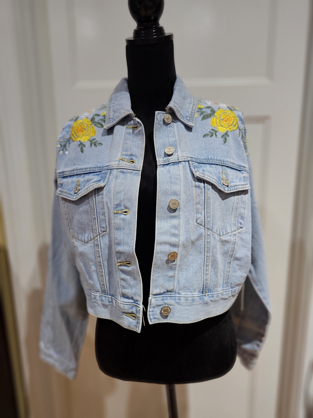 Forever 21 Light Blue Cropped Denim Jacket with Yellow Rose Embroidery